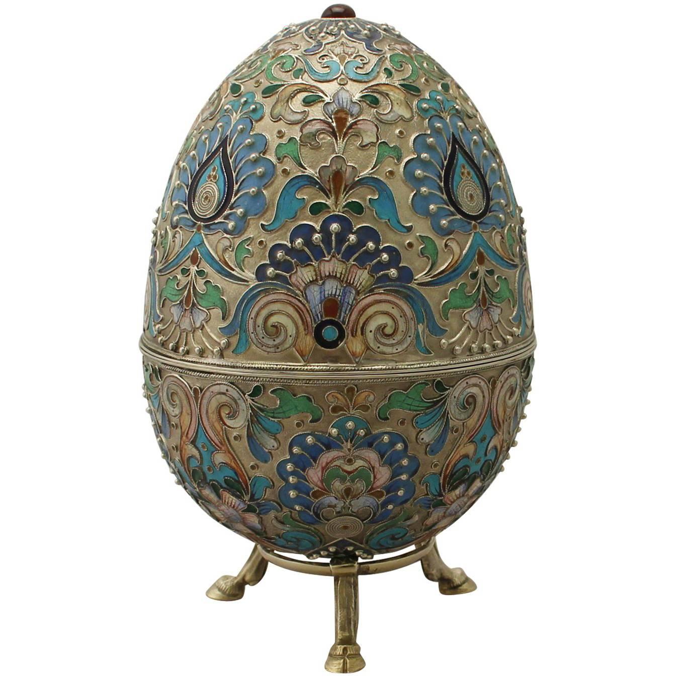 Antique Russian Silver Gilt and Polychrome Cloisonné Enamel Egg