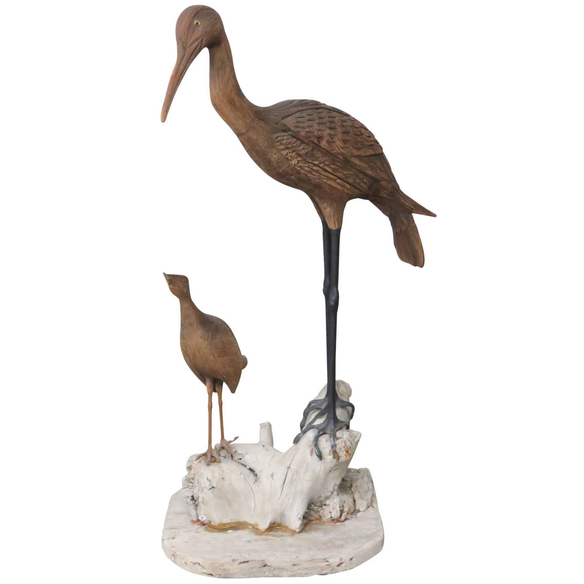 Carved Statue of Perched Crane and Duck