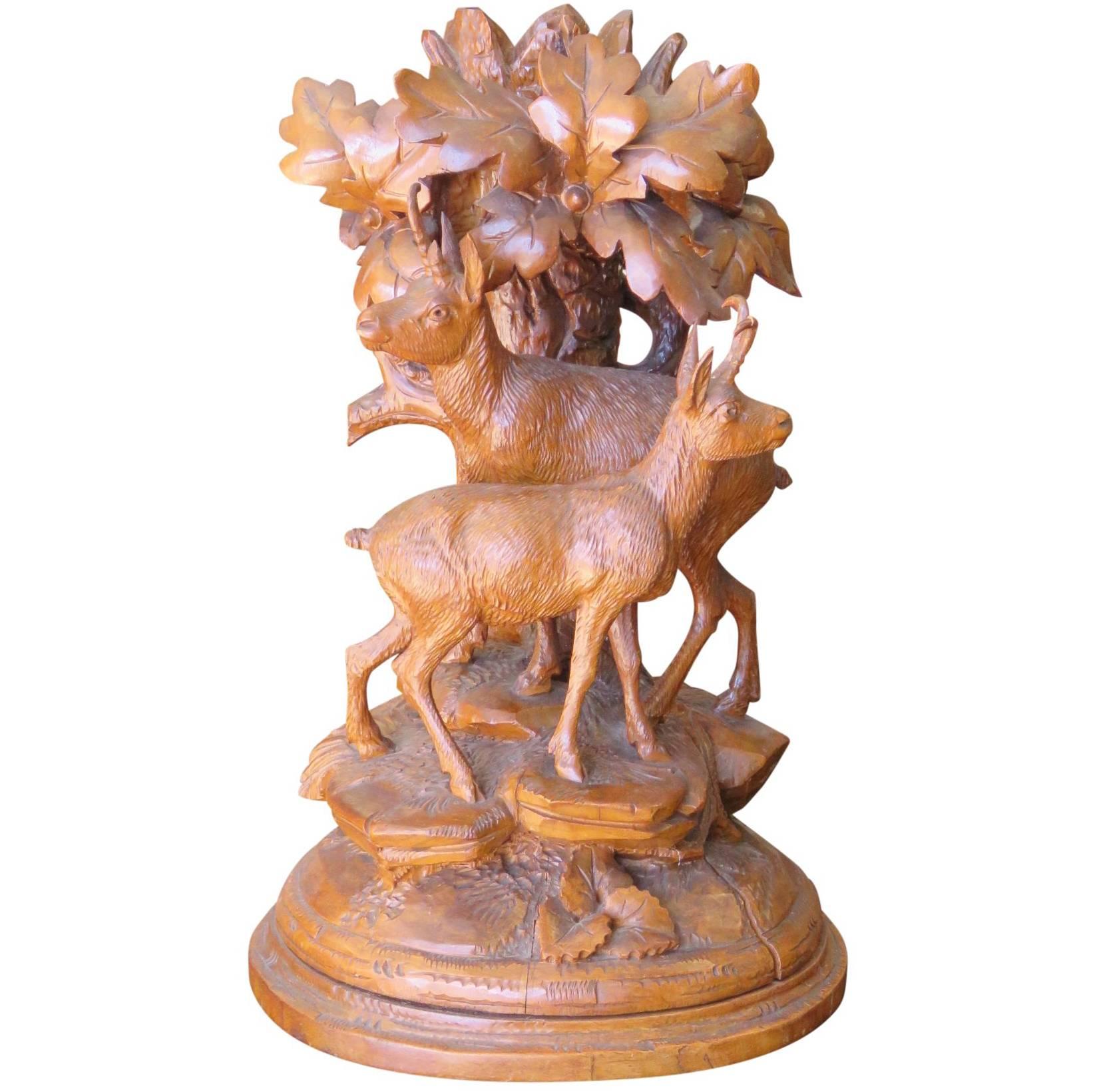 Black Forest Style Carved Statue of Deer