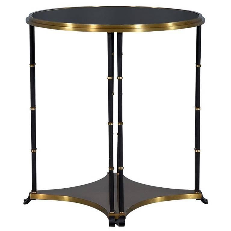 Black Round End Table with Brass Accents