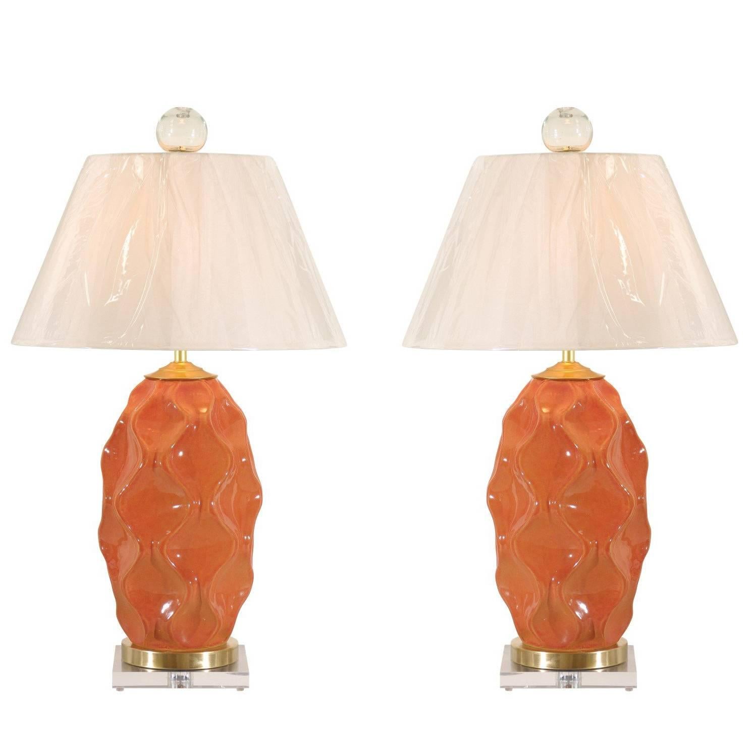 Dazzling Pair of Large-Scale Faceted Ceramic Lamps in Aged Orange
