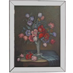 Grande peinture de nature morte florale dans un cadre en miroir, États-Unis, circa 1940