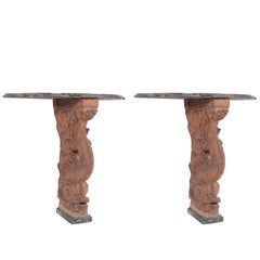 Pair of Italian Terracotta Dolphin Console Tables with Marble Tops