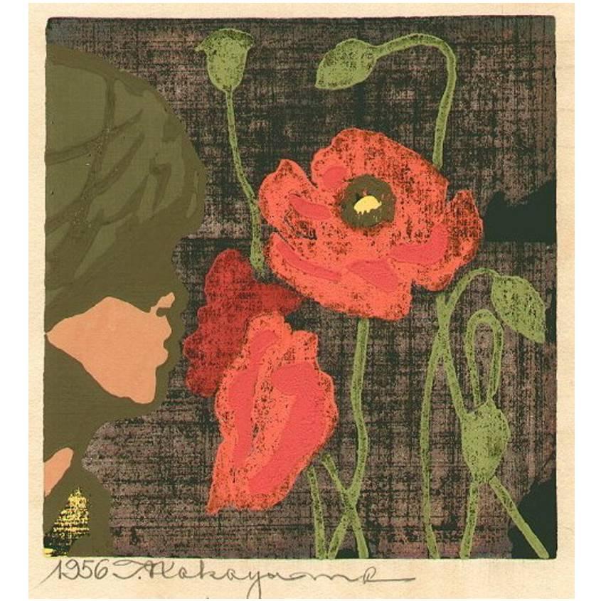 Tadashi Nakayama Japanese Woodblock Print Girl with Poppies