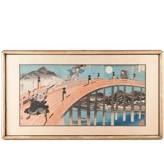 Japanese Woodblock Print of Benkei and Ushikawa-Maru Fight on Gojo Bridge