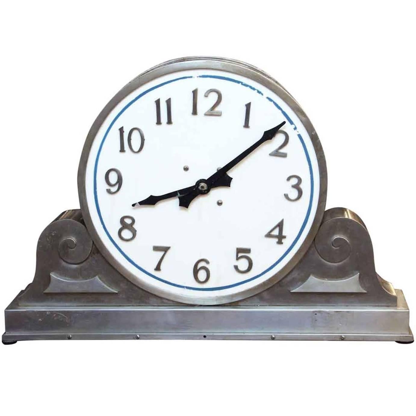 1930s Stainless Steel and Milk Glass Clock Face Clock from a New England Bank
