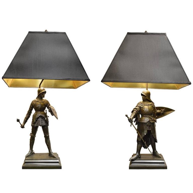 Antique Pair of Bronze Signed Knights Statue Converted to Lamps at 1stDibs