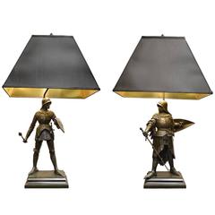 Antique Pair of Bronze Signed Knights Statue Converted to Lamps