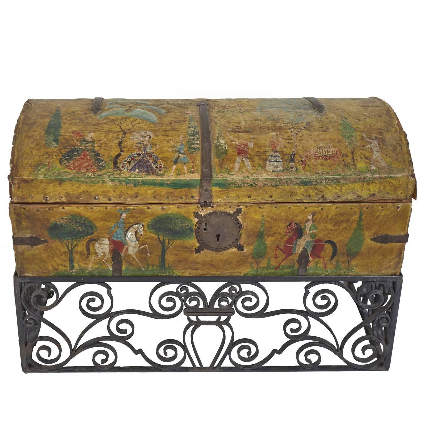 Salvador Corona Hand-Painted Leather Trunk with Wrought Iron Stand