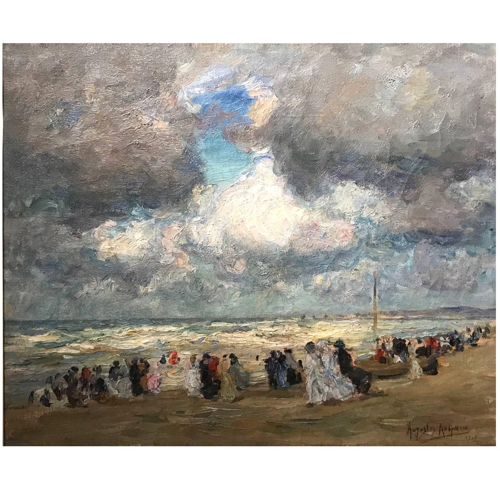 Augustus B. Koopman:: peinture à l'huile impressionniste de la côte "Une journée à la plage" 1914