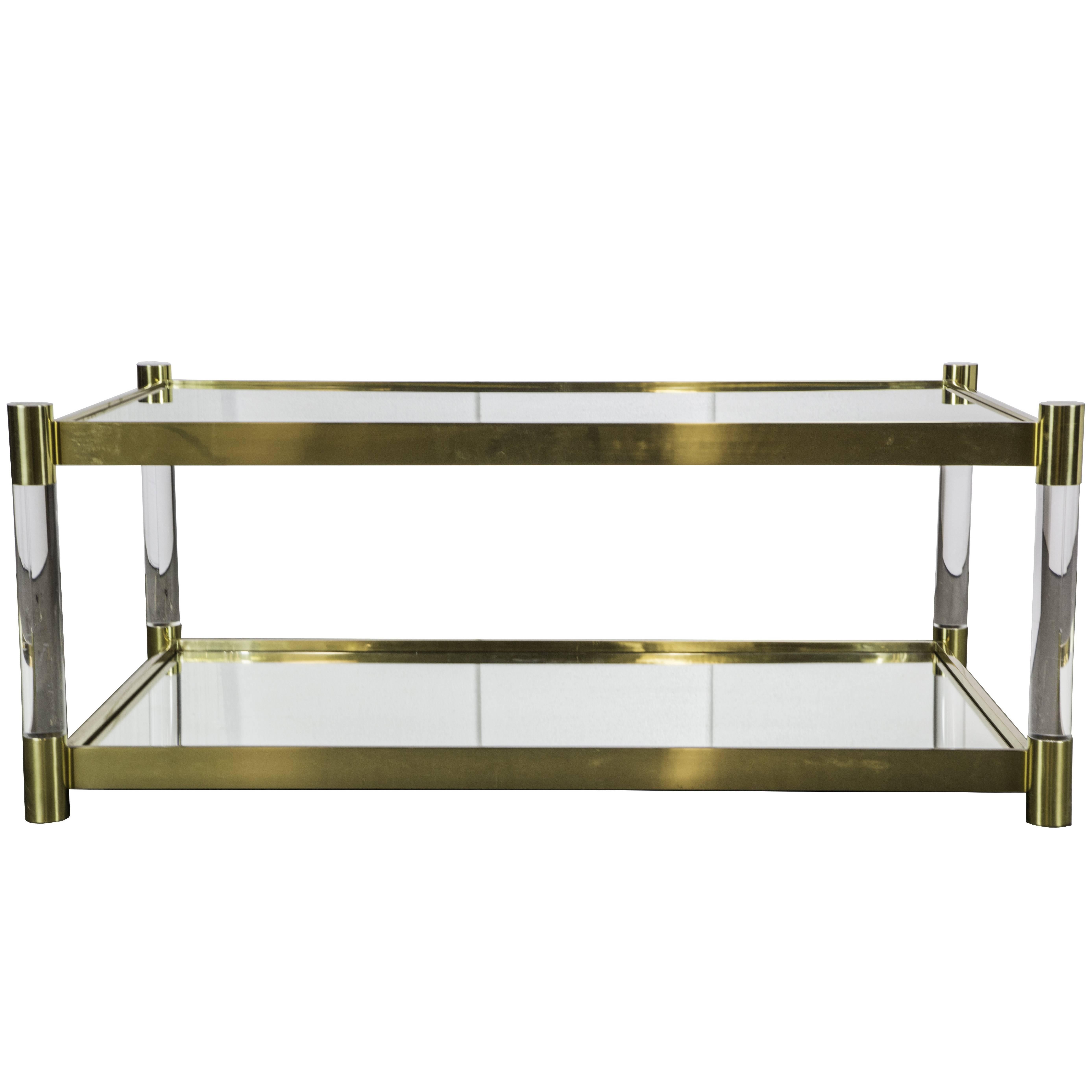 Brass and Lucite Tube Cocktail Table with Mirrored Glass For Sale