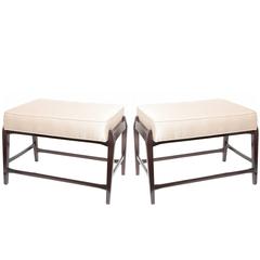 Pair of Upholstered Ebonized Wood Benches with Cross Bar Supports