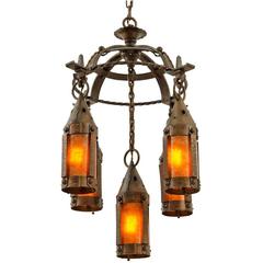 Antique Wrought Iron Arts & Crafts Chandelier with Mica Lanterns, circa 1915