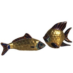 Pair of Brass and Ceramic Fish Sculptures Attributed to Sergio Bustamante