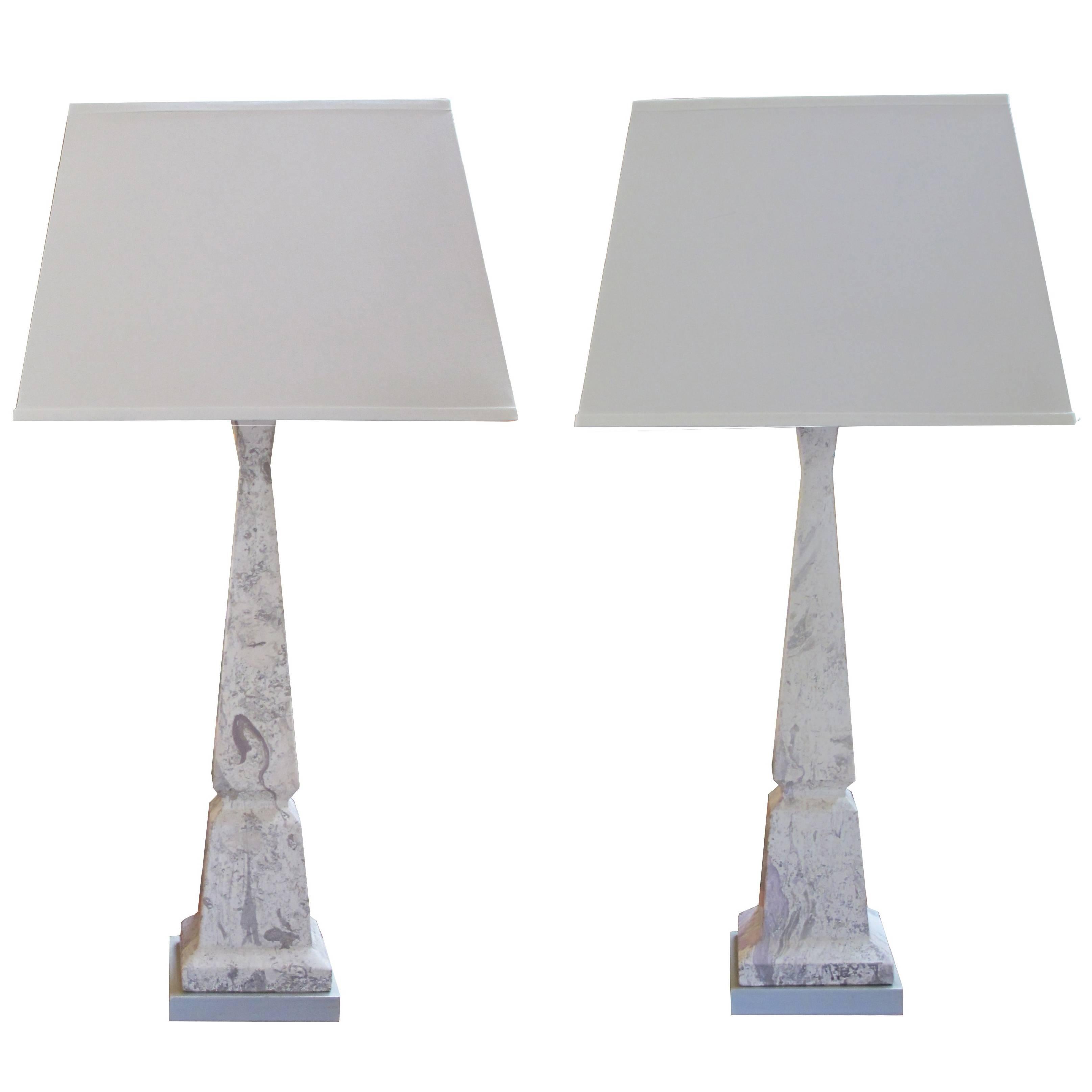 Sleek Pair of American Faux Marble Ceramic Obelisk Lamps by Tye of California