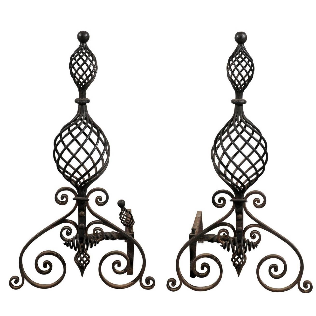 Early 20th Century Swirled Hand-Wrought Iron Andirons For Sale