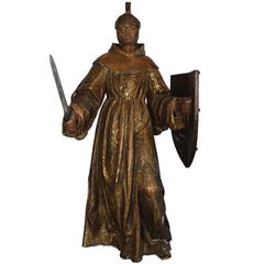 Unusual Large Antique Giltwood Christian Crusader Statue