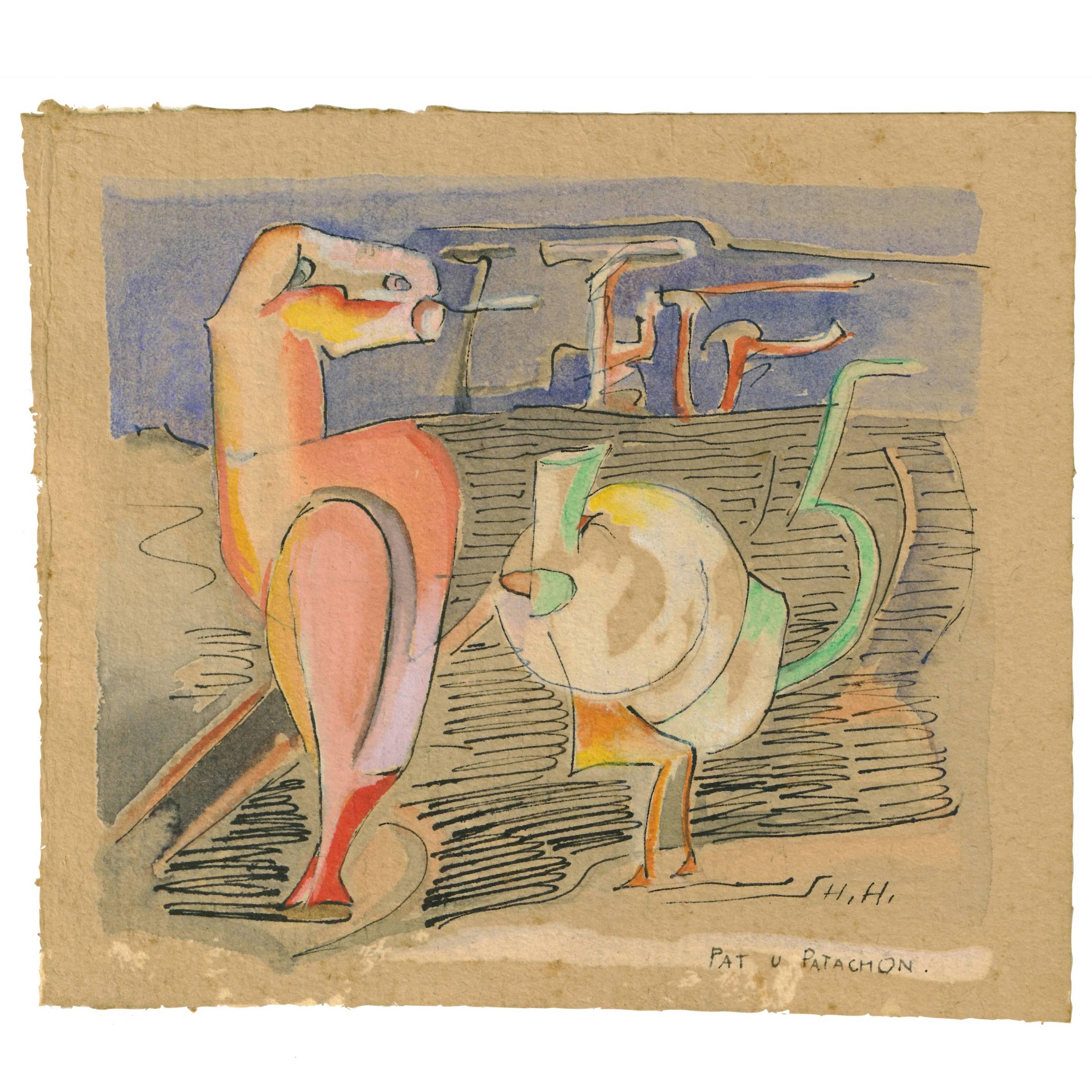 Hannah Höch, 'Pat u Patachon', Watercolor with Ink on Paper, 1920s For Sale