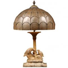Vintage Carved Figural Marble and Capiz Shell Lamp