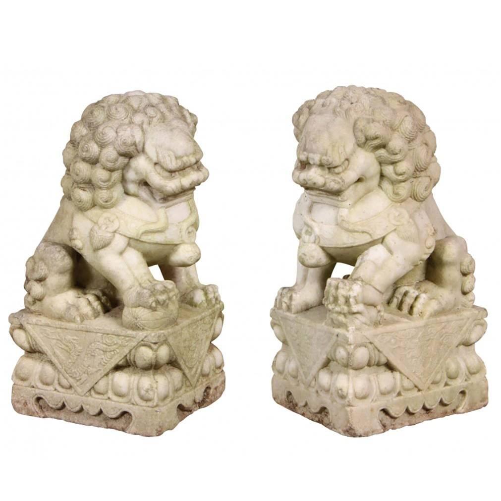 Pair of Vintage Quality Carved Marble Foo Dogs