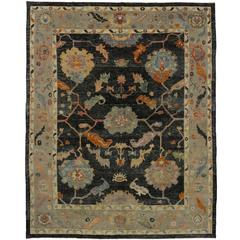 Turkish Oushak Rug with Black Field and Modern Style 6