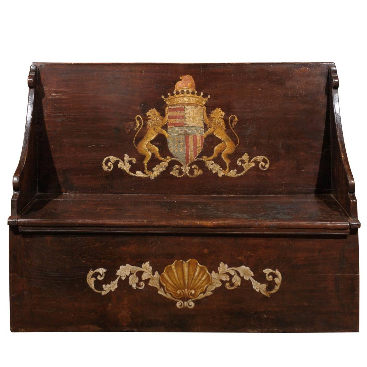 Italian Wooden Hall Bench with Painted Coat of Arms and Hinged Seat Circa 1800
