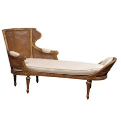 French Louis XVI Style Giltwood Double Cane Chaise Longue