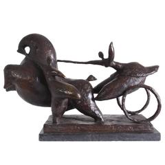 Bronze Chariot Sculpture on Marble Base