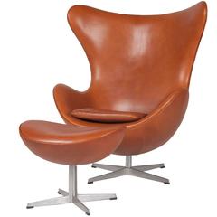 Egg Chair and Ottoman Designed by Arne Jacobsen Covered in Sørensen Leather