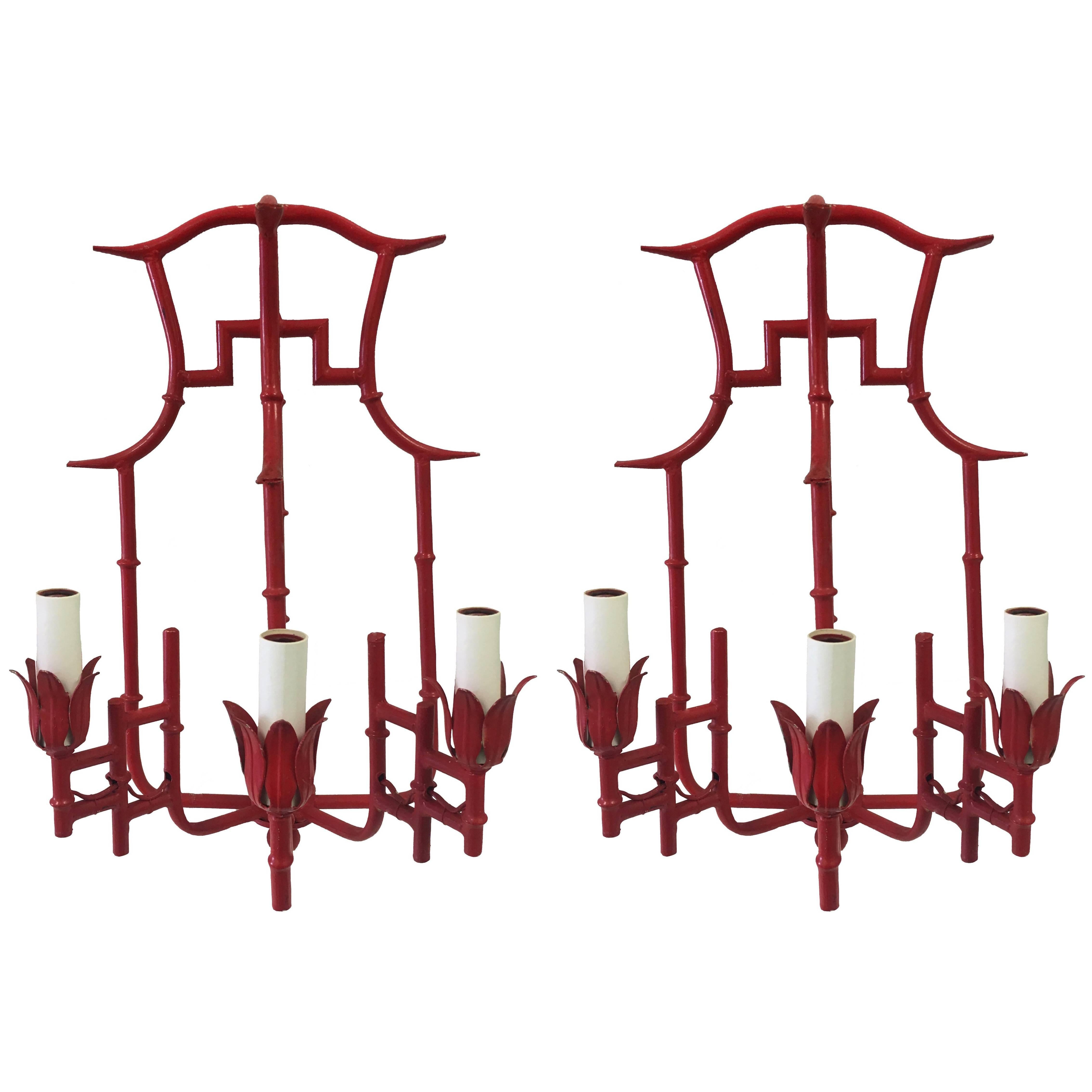 Pair of Red Chinoiserie Bamboo Style Sconces