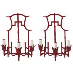 Pair of Red Chinoiserie Bamboo Style Sconces