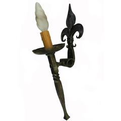 Arts & Crafts Wall Light Gothic Rev Torchere French Wrought Iron Fleur-de-Lys