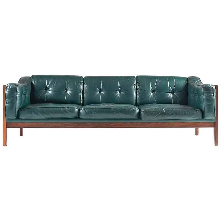 Scandinavian Rosewood and Green Leather Sofa "Monte Carlo", 1965