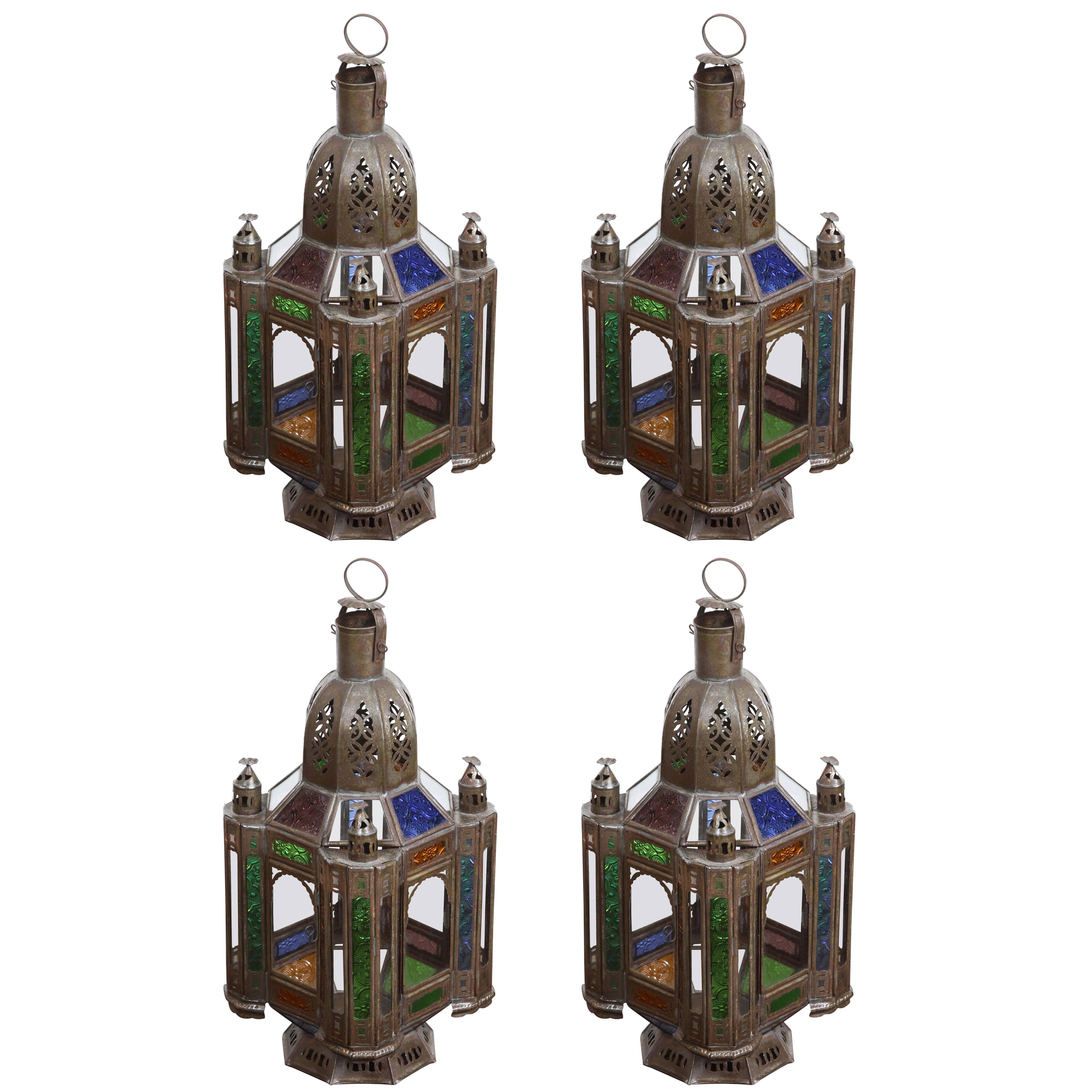 Moroccan Metal Lantern with Colored and Clear Glass