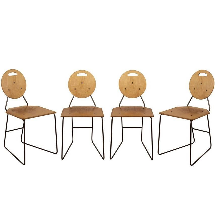 Set of Four Plywood and Iron Chairs, circa 1965 For Sale