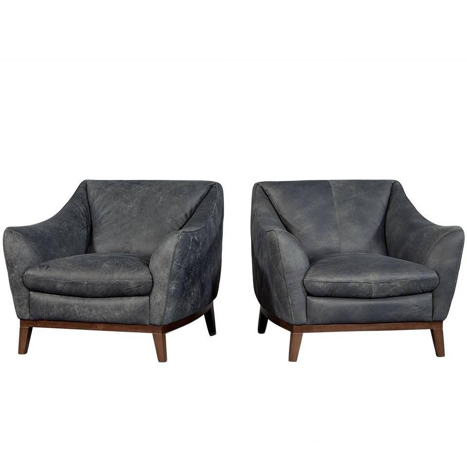Pair of Quilted Distressed Leather Chairs in Grey