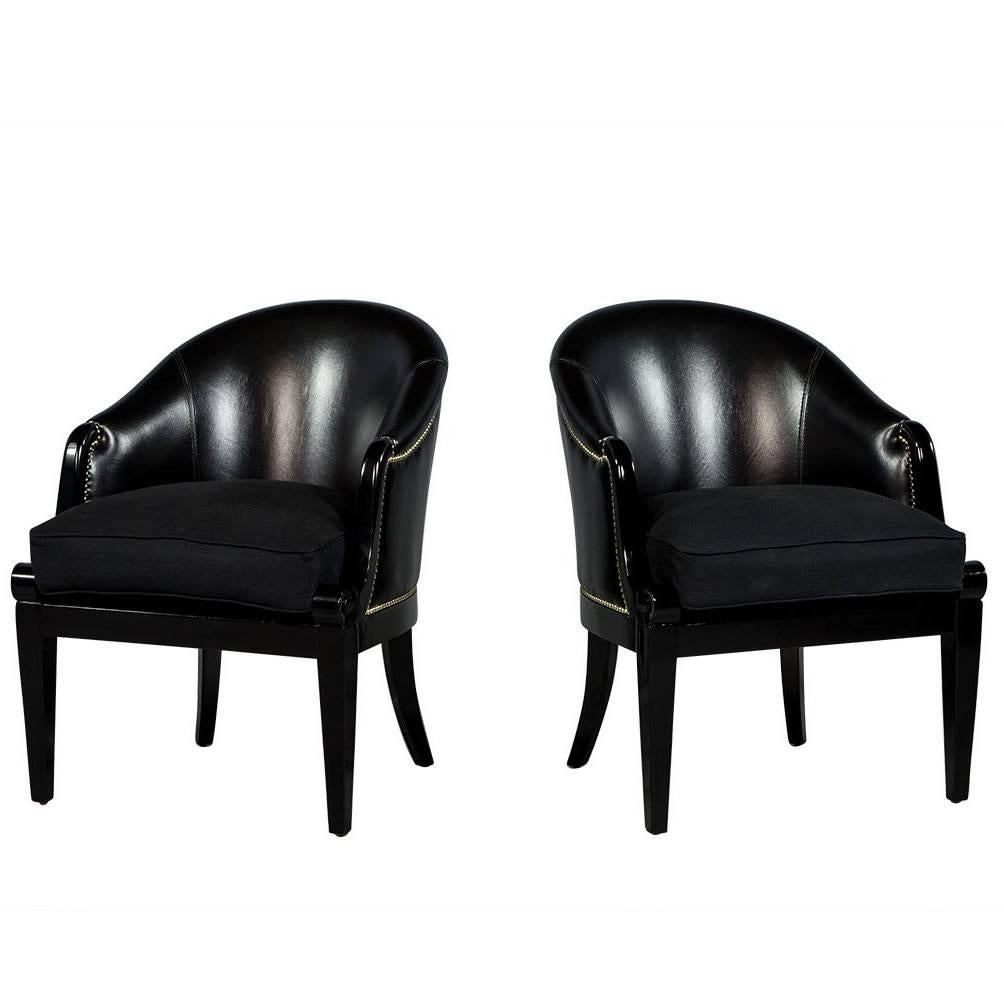 Pair of Black Leather Curved Back Club Chairs