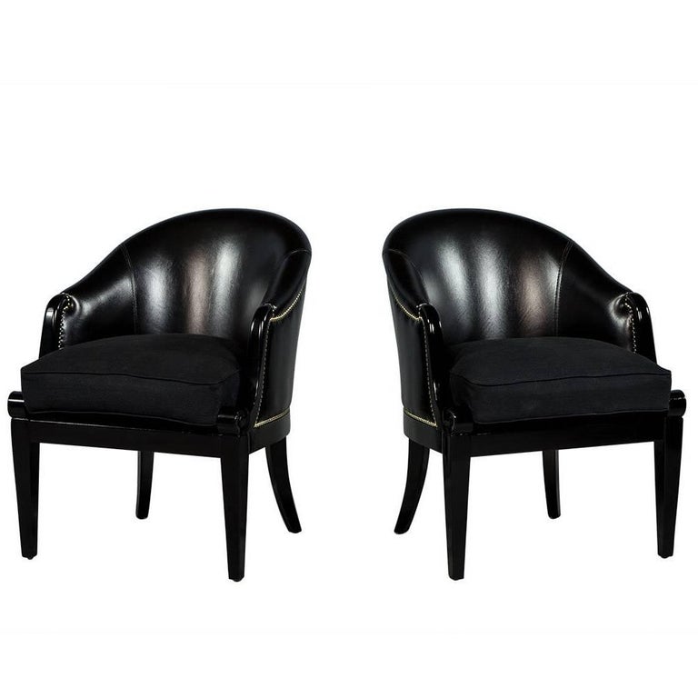 Pair of Black Leather Curved Back Club Chairs at 1stDibs