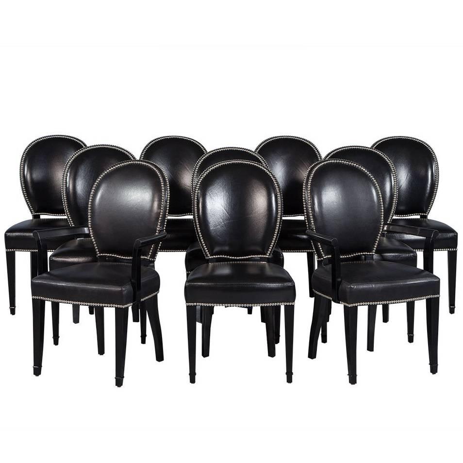 Set of Ten Round Black Lacquered Dining Chairs