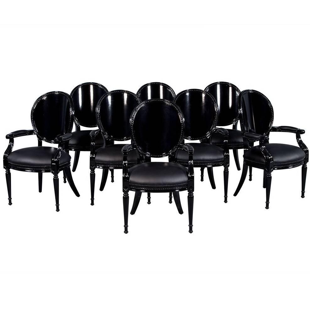 Set of Eight Round Black Lacquered Dining Chairs