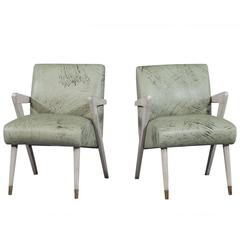 Pair of Boomerang Chairs in Mint Green Patterned Leather