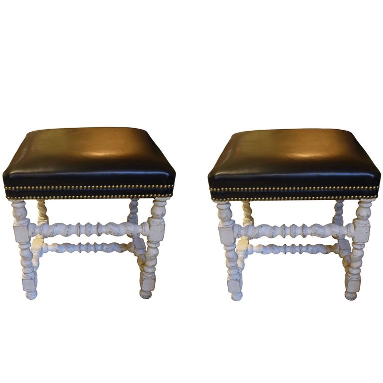 Black Leather Top Pair Foot Stools, Belgium, 1930s For Sale