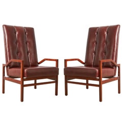 Danish Teak and Tufted Leather Pair of Armchairs, circa 1960