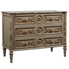 Vintage Grey Green Painted Wood Three-Drawer Chest with Rinceaux Motifs 1