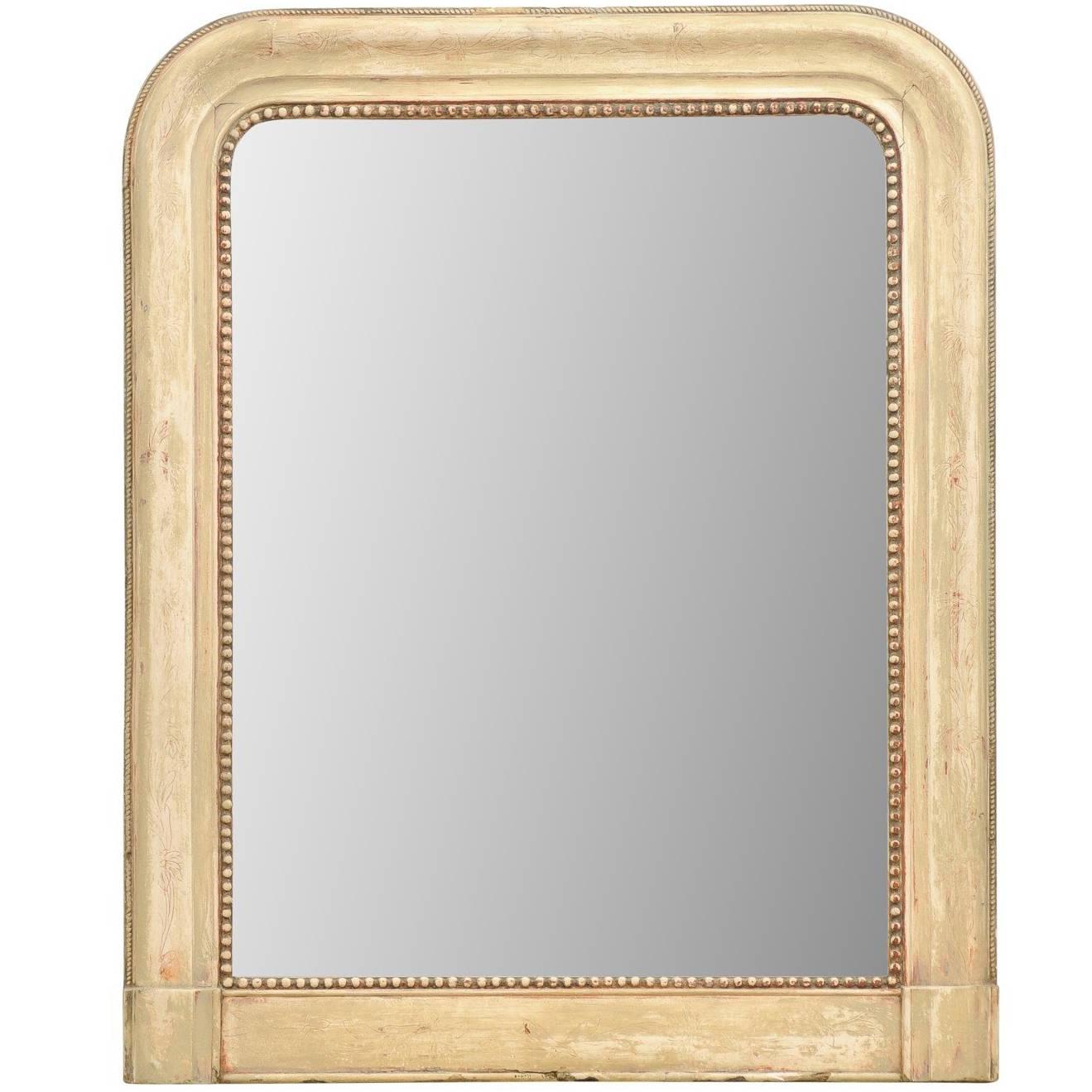 French Louis Philippe Mirror in Cream Color with Bead-Like and Flower Surround