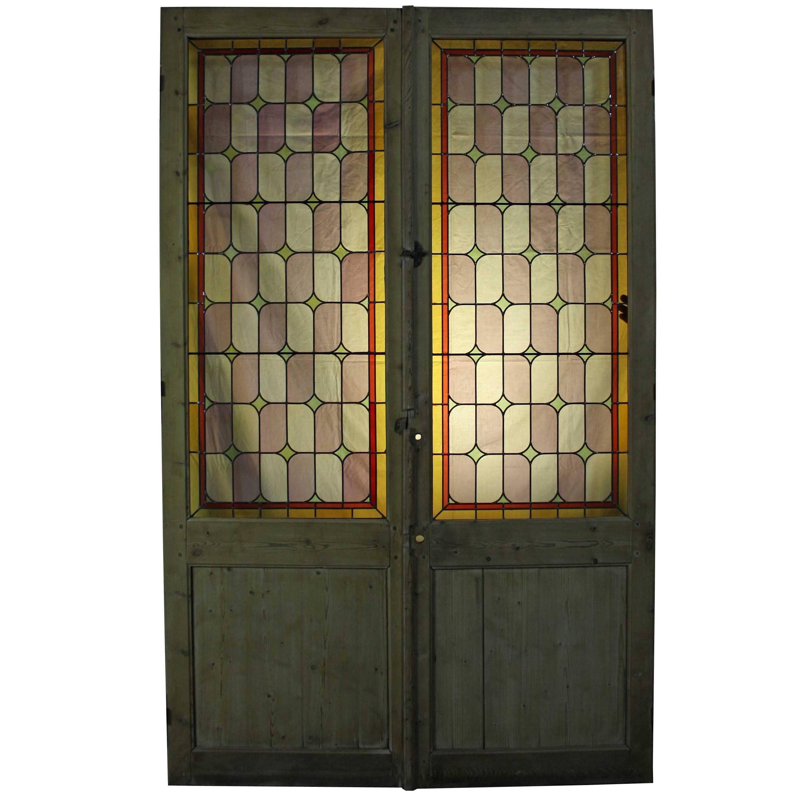 Pair of Stained Glass Double Doors or Room Dividers, circa 1900