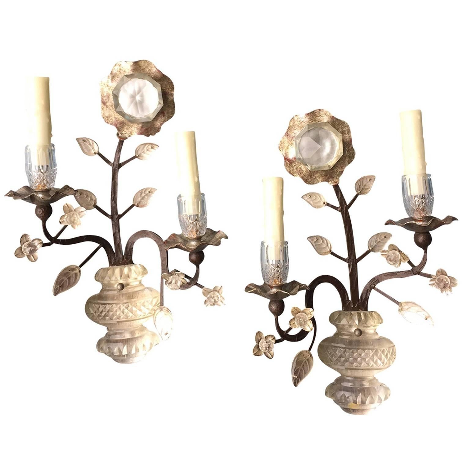 Pair of Bagues Iron Sconces with Crystal