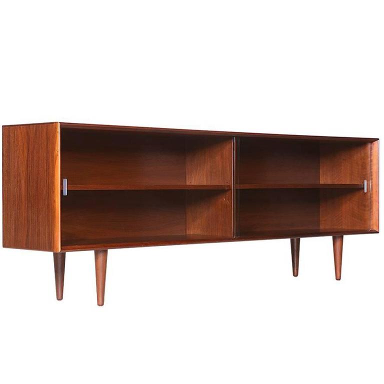 MidCentury Walnut Bookcase with Glass Sliding Doors at 1stDibs
