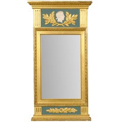 Swedish Neoclassical Style Gilded & Green Mirror with Beaded and Fluted Elements