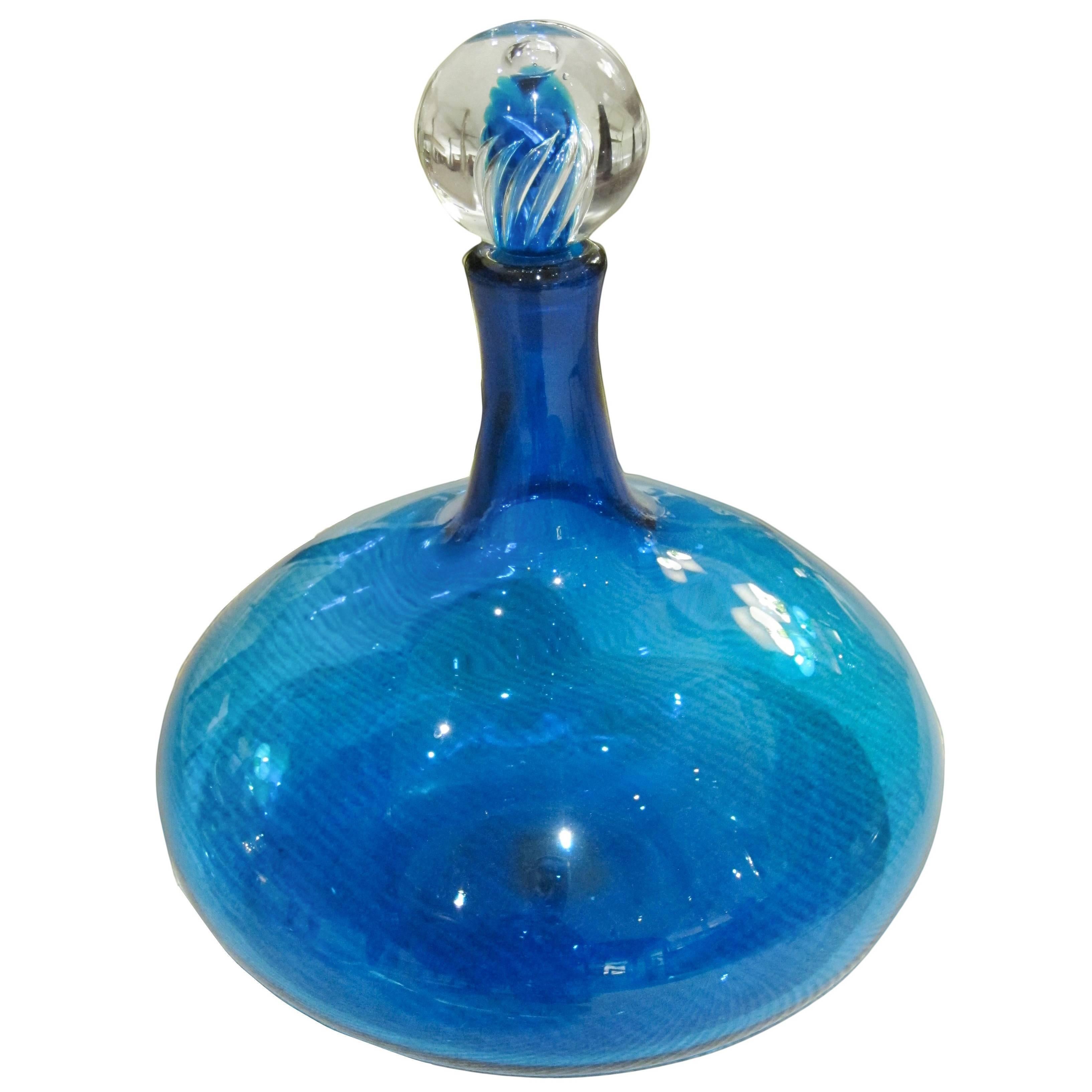 Large American 1960s Hand-Blown Blue Glass Decanter by Blenko Glassworks
